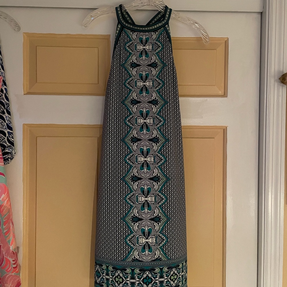 Max Studio Teal and Black Geometric Midi Dress